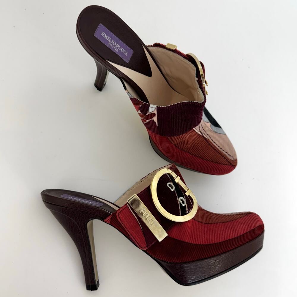 Emilio Pucci Firenze Multicolor Corduroy Platform Heeled Mules Shoes 36 (US 6) - Picture 2 of 15
